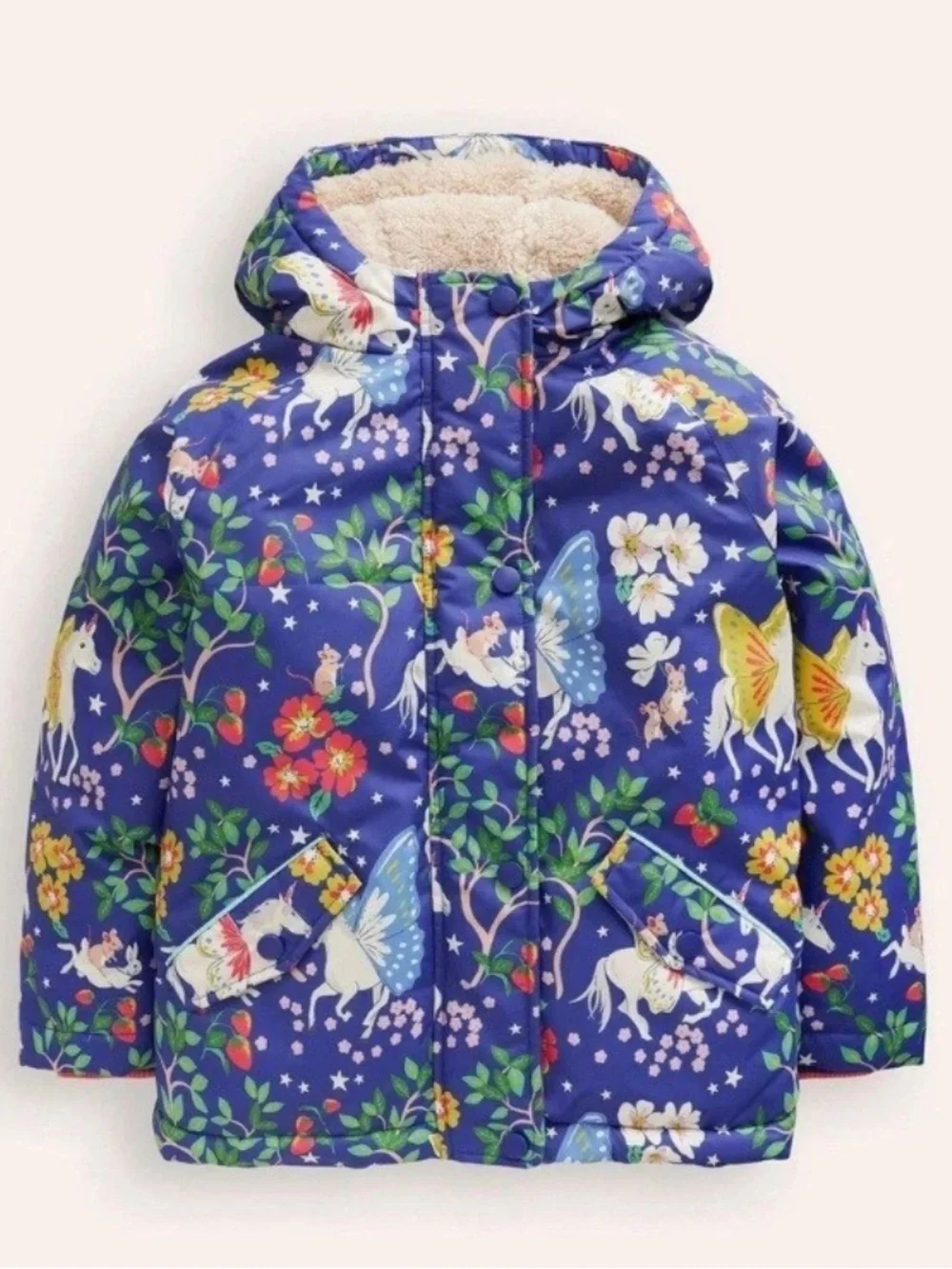 Mini Boden Enchanted Unicorn Navy Sherpa Lined Anorak Hooded Jacket Size 5-6Y